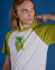 Front close up of Produce Raglan Tee in Snap Peas on Grant