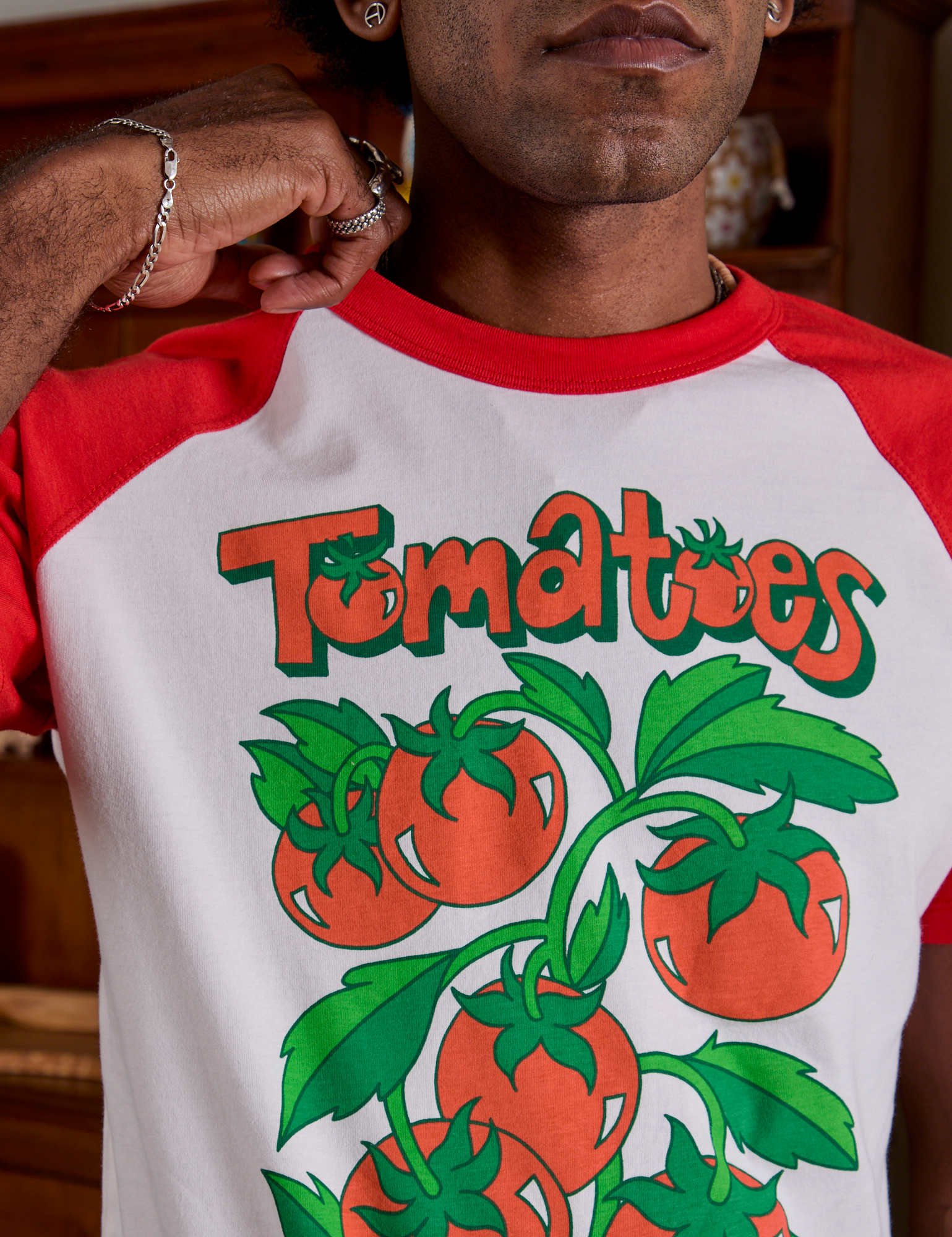 Front close up of Short Sleeve Raglan Tee in Tomatoes on Jerrod