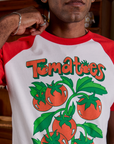 Front close up of Short Sleeve Raglan Tee in Tomatoes on Jerrod