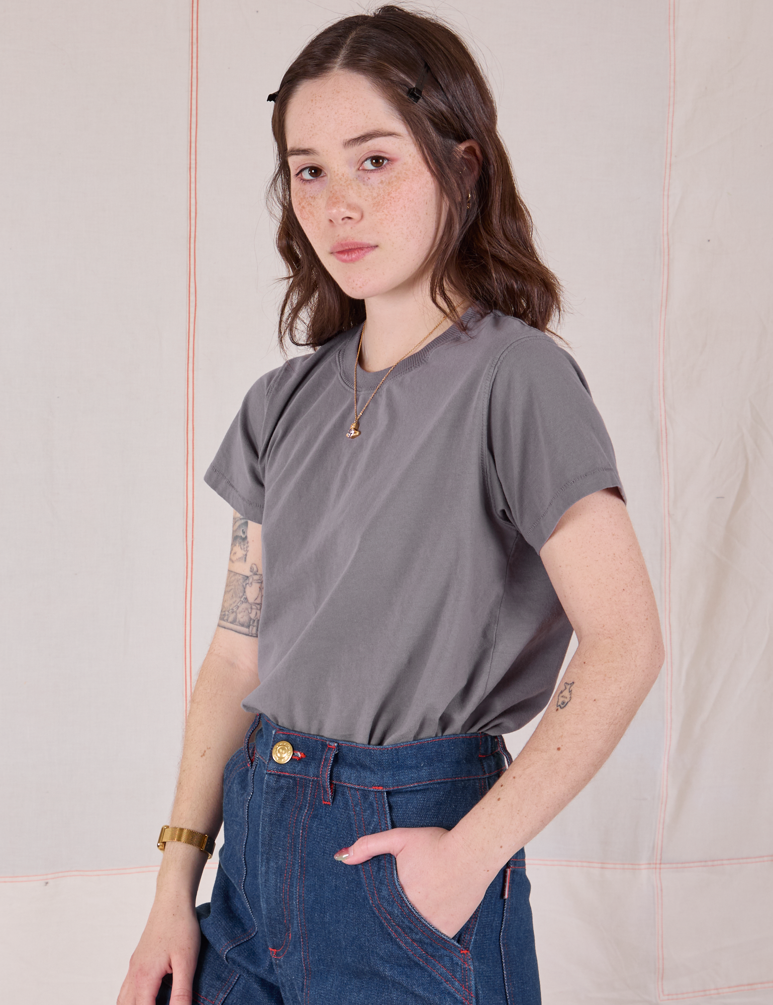 Angled front view of Organic Vintage Tee in Washed Grey on Hana