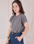 Angled front view of Organic Vintage Tee in Washed Grey on Hana