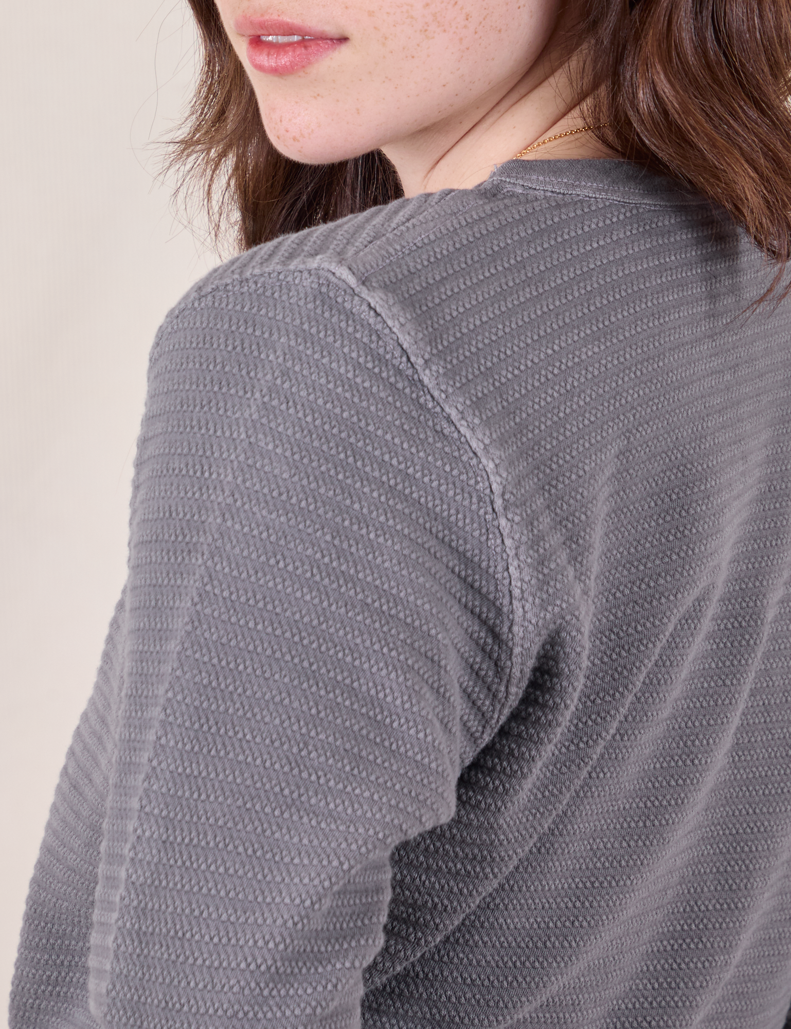 Honeycomb Thermal in Washed Grey shoulder close up on Hana