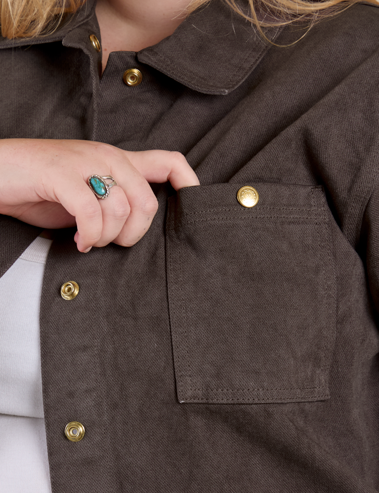 Denim Work Jacket in Espresso Brown front pocket close up