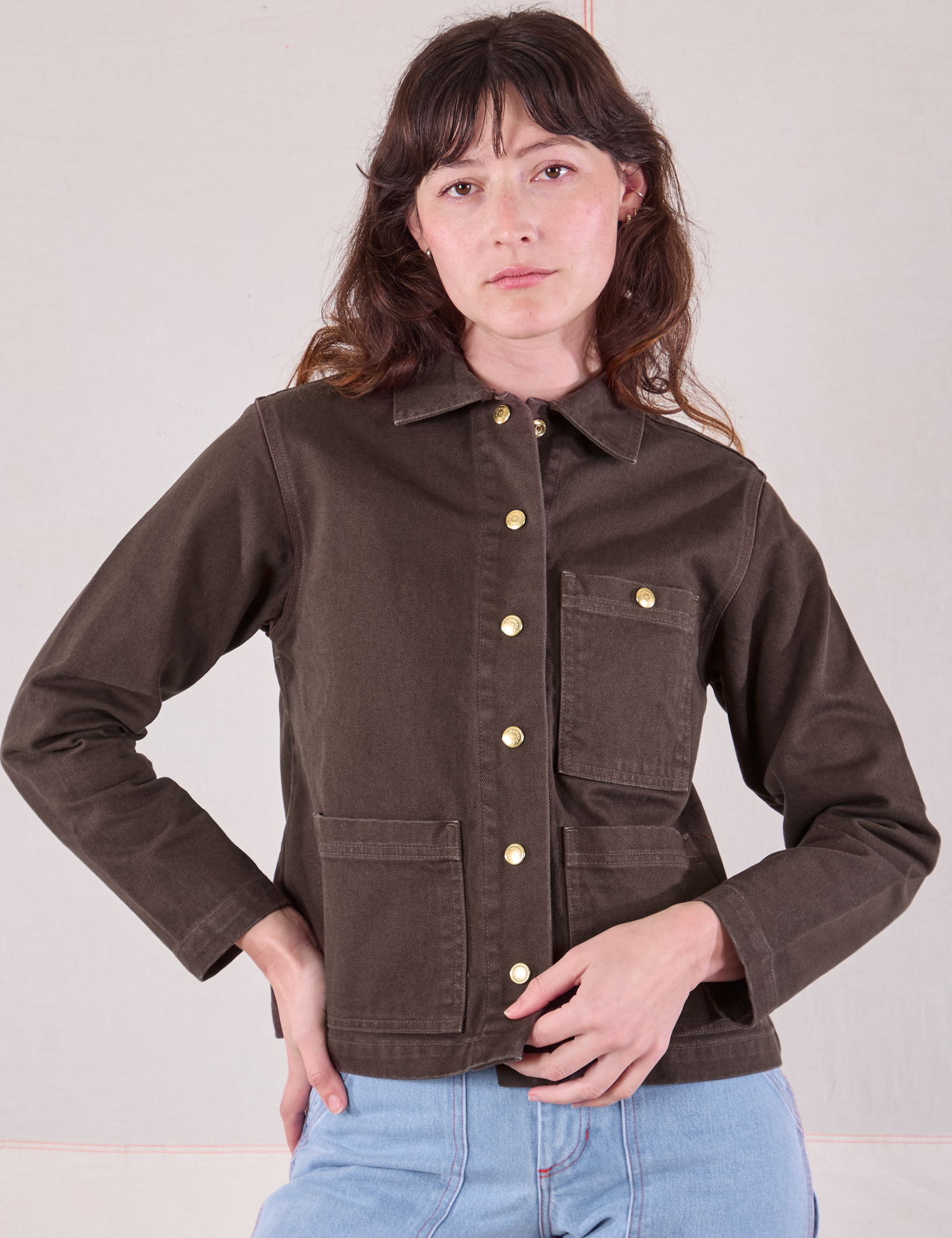 Denim Work Jacket in Espresso Brown buttoned up on Alex