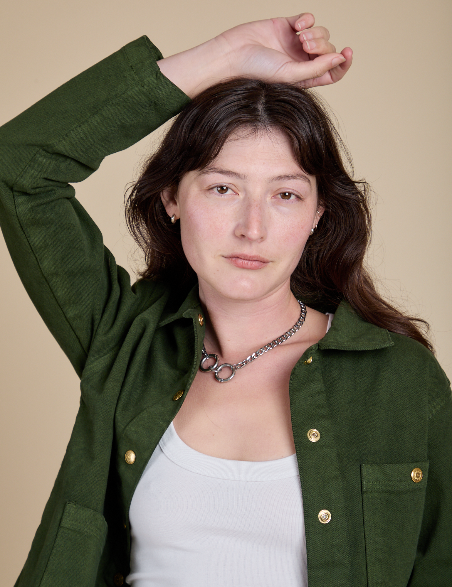 Denim Work Jacket in Evergreen close up on Alex