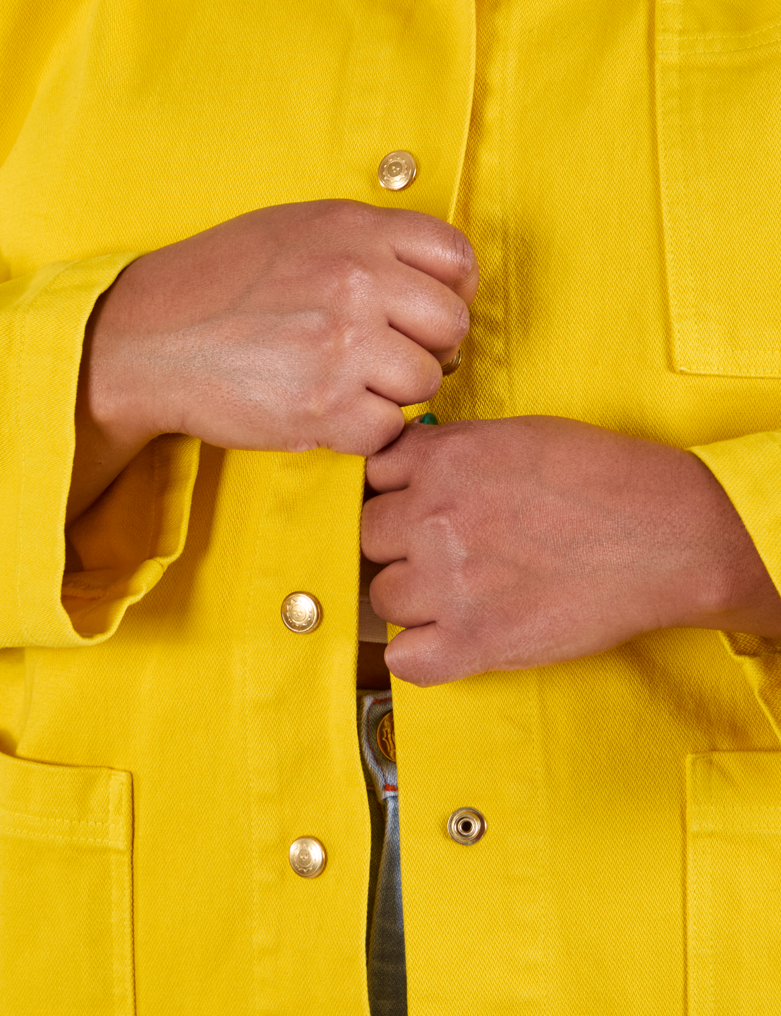 Denim Work Jacket in Golden Yellow front close up on Morgan