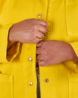 Denim Work Jacket in Golden Yellow front close up on Morgan