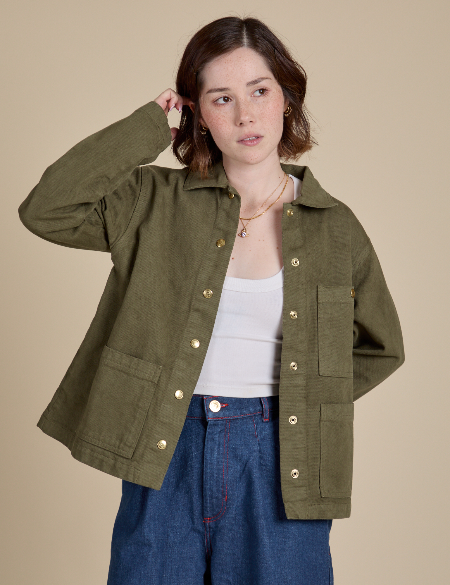 Denim Work Jacket in Surplus Green worn by Hana
