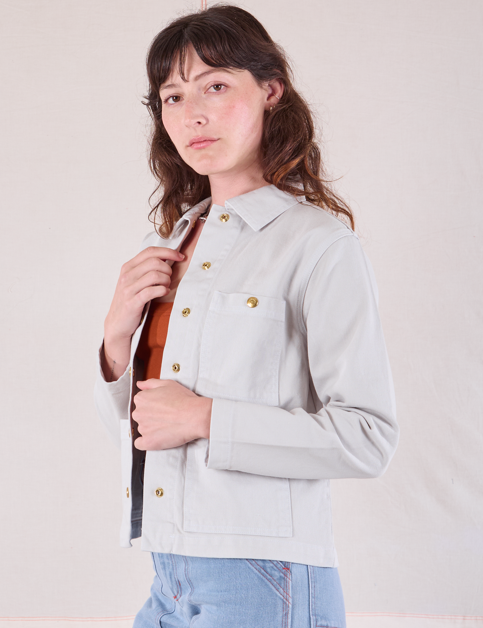 Denim Work Jacket in Stone White side view on Alex