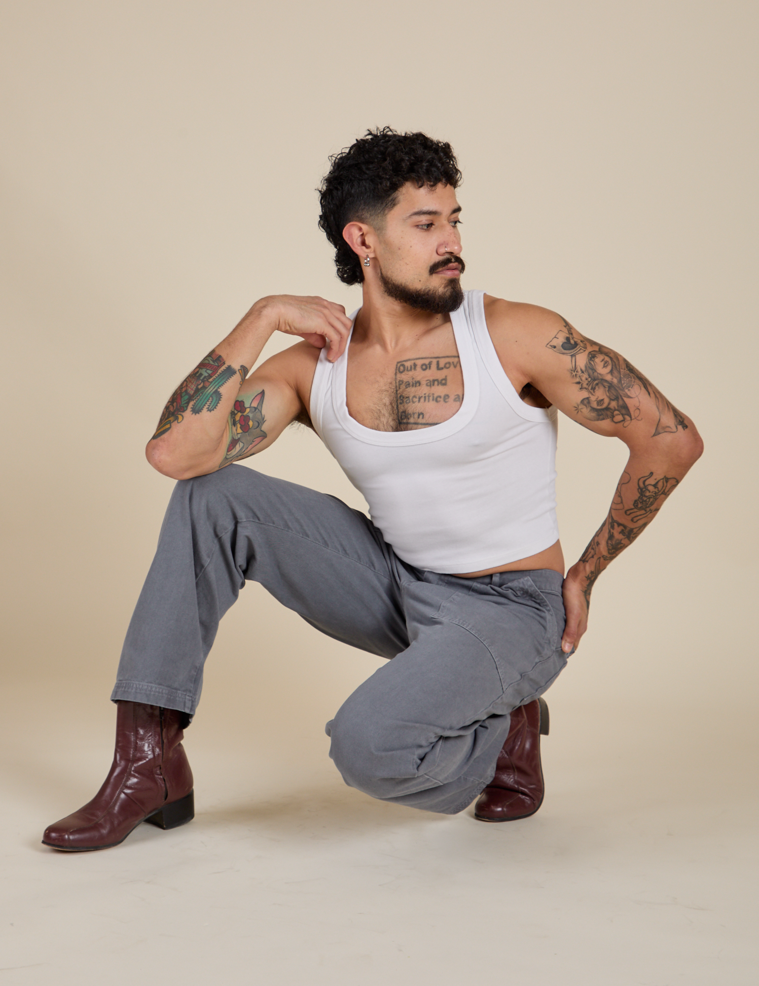 Work Pants in Washed Grey and Cropped Tank in Vintage Tee White worn by Jesse