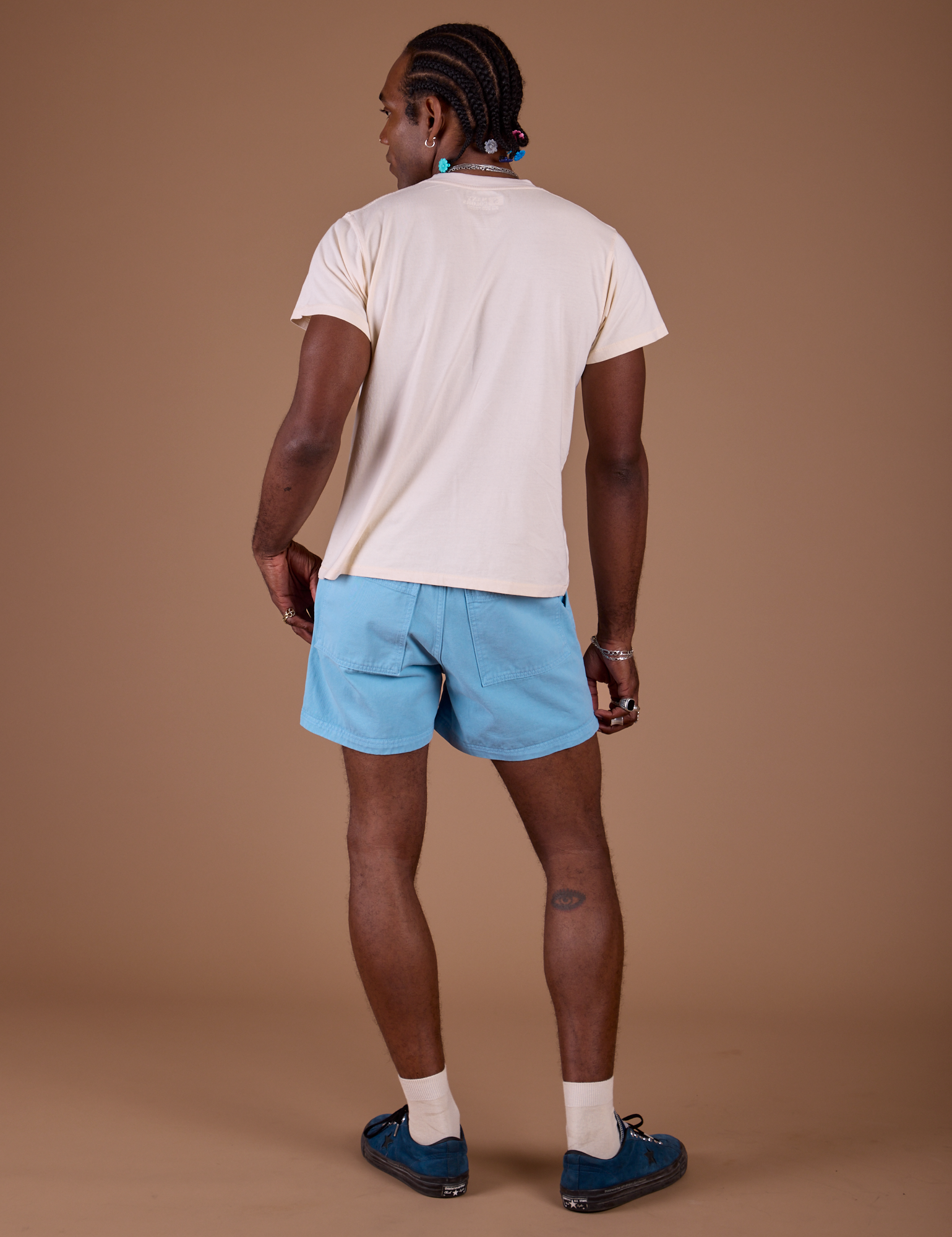 Back view of Classic Work Shorts in Baby Blue and vintage off white Organic Vintage Tee on Jerrod