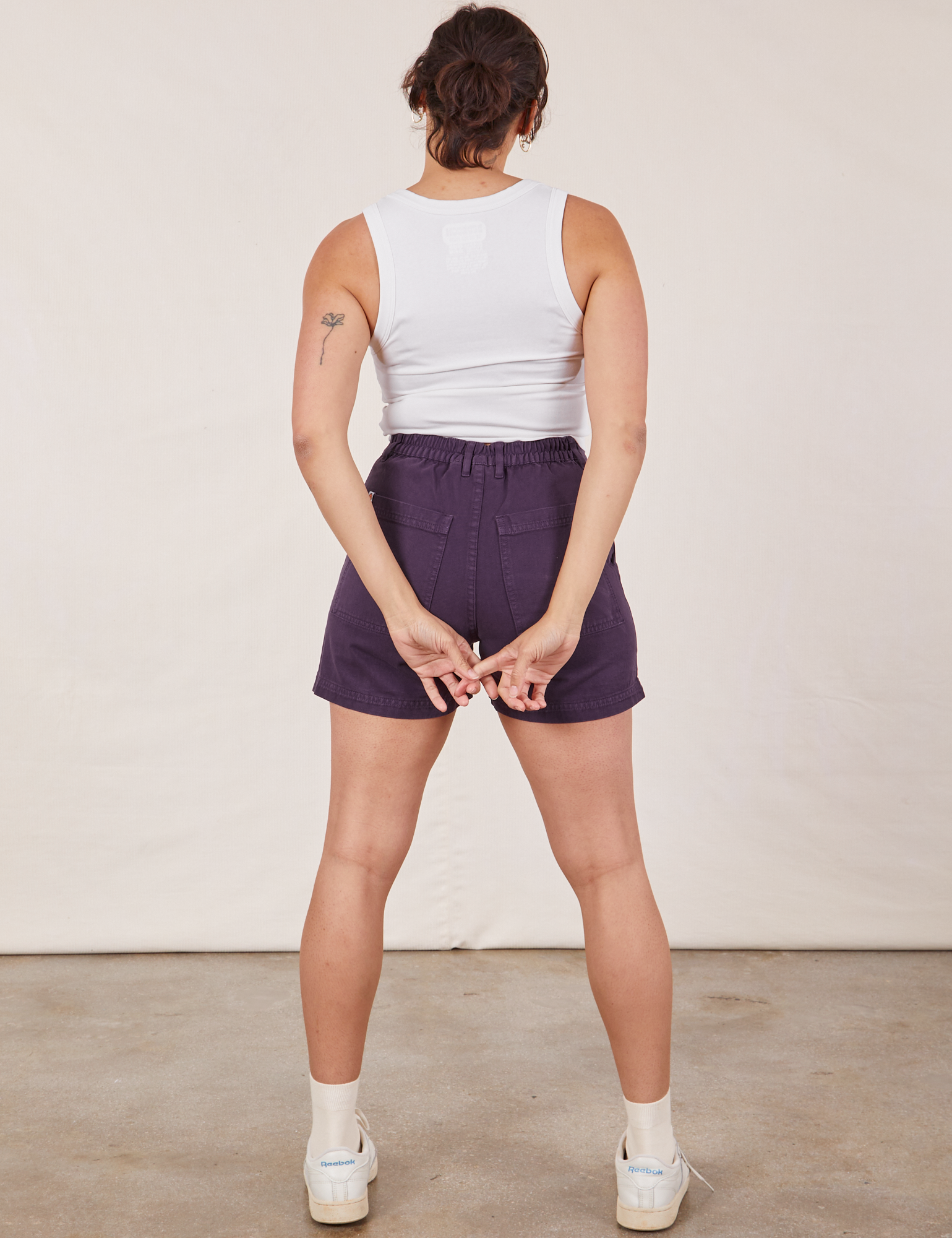 Back view of Classic Work Shorts in Nebula Purple and Cropped Tank Top in vintage tee off-white on Tiara