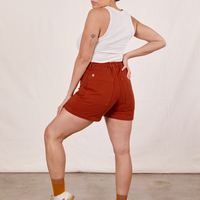 Back view of Classic Work Shorts in Paprika and vintage off-white Tank Top worn by Tiara