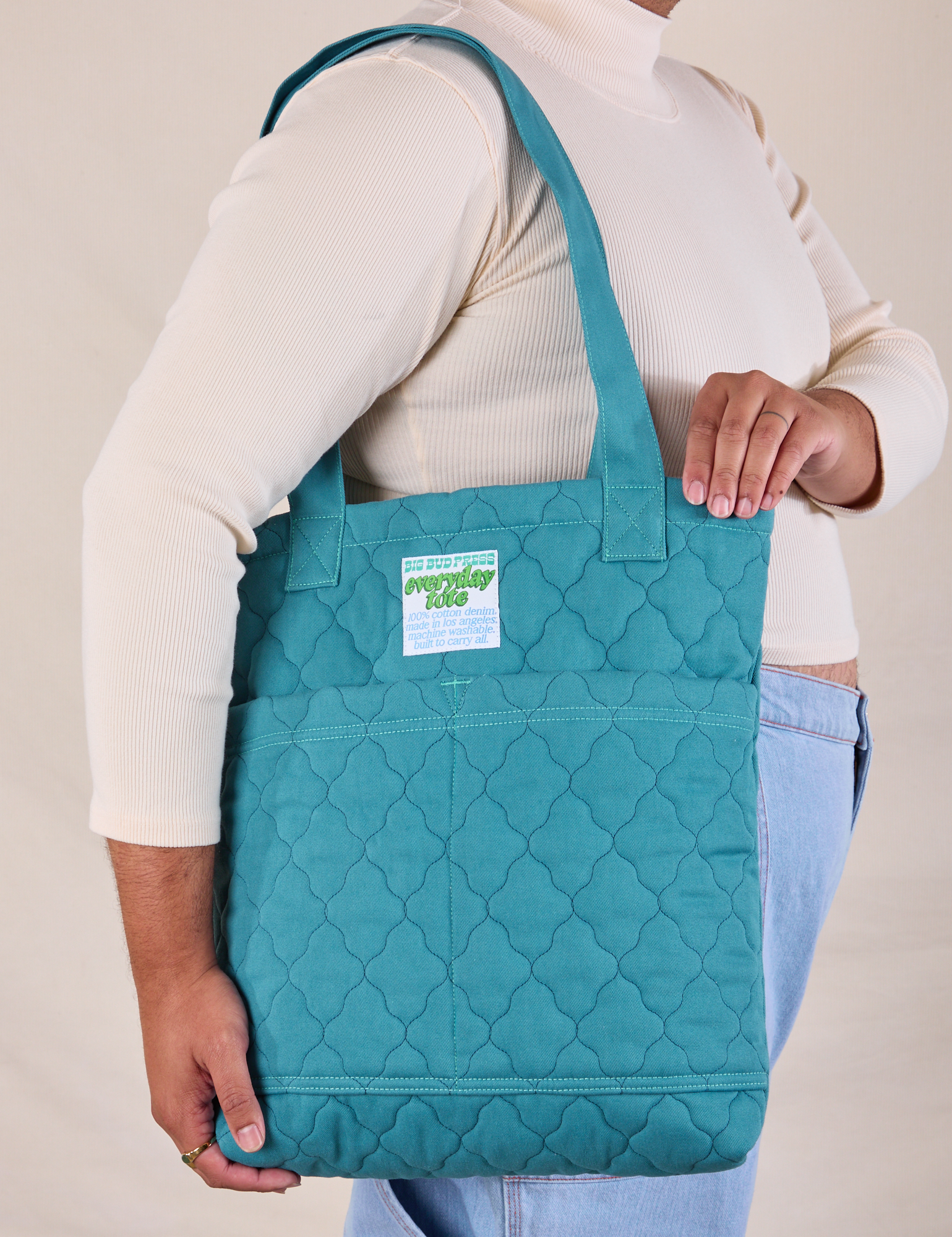 Quilted Everyday Tote in Marine Blue on model