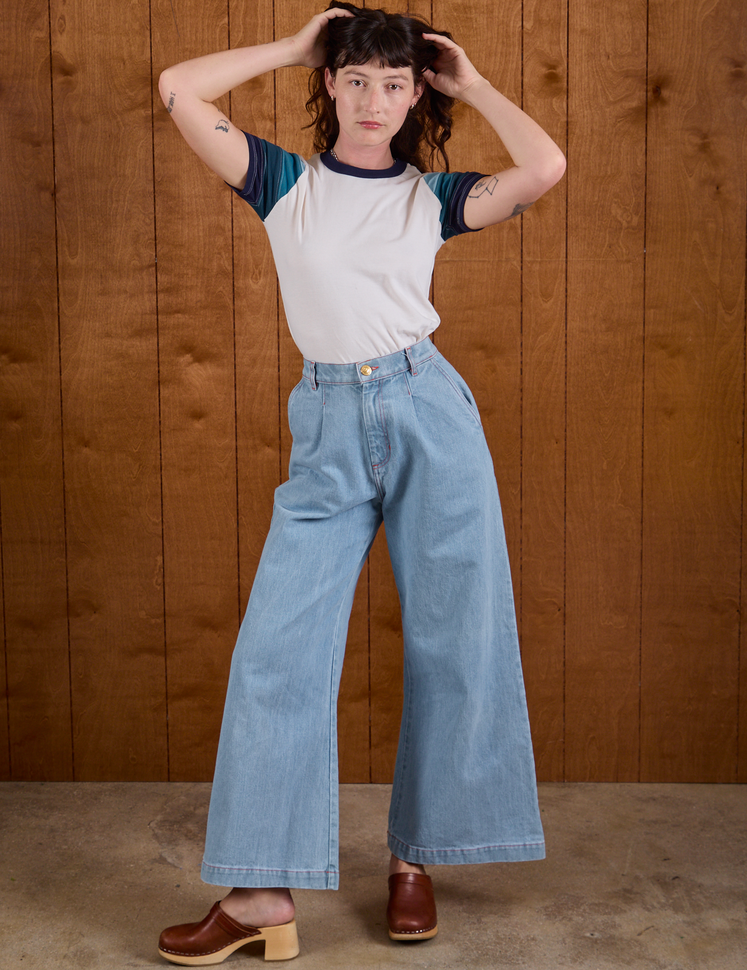 Calypso Tee in Ocean and light wash Indigo Wide Leg Trousers on Alex