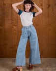 Calypso Tee in Ocean and light wash Indigo Wide Leg Trousers on Alex