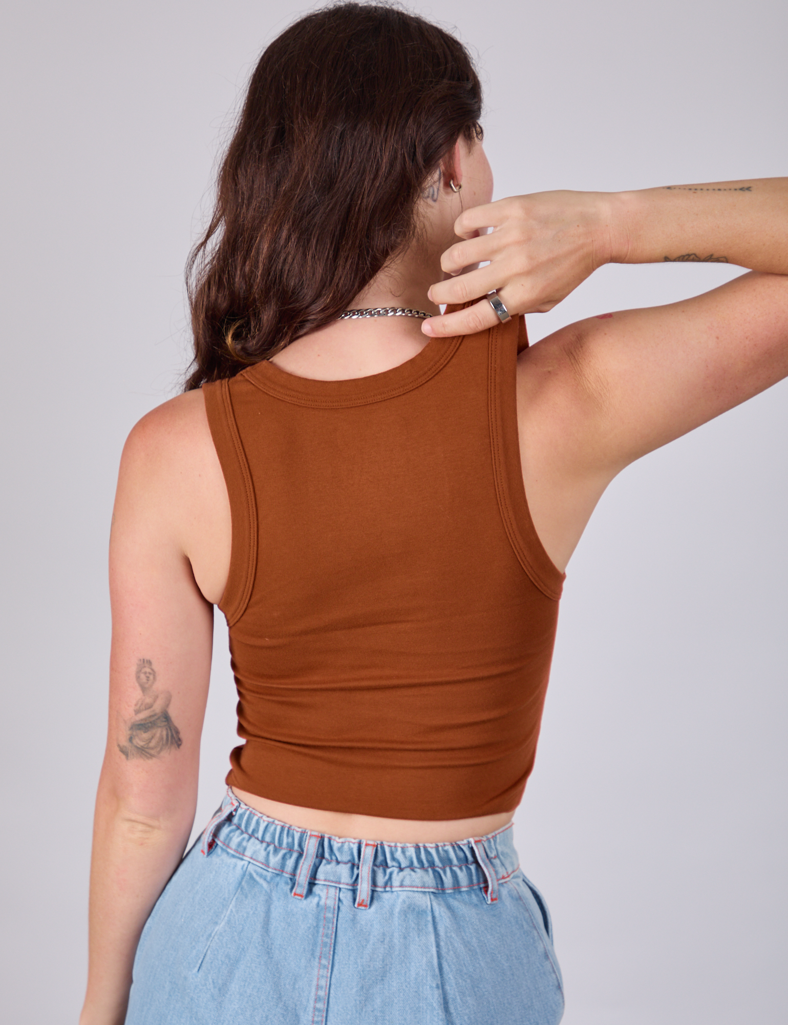 Cropped Tank Top in Burnt Terracotta back view on Alex