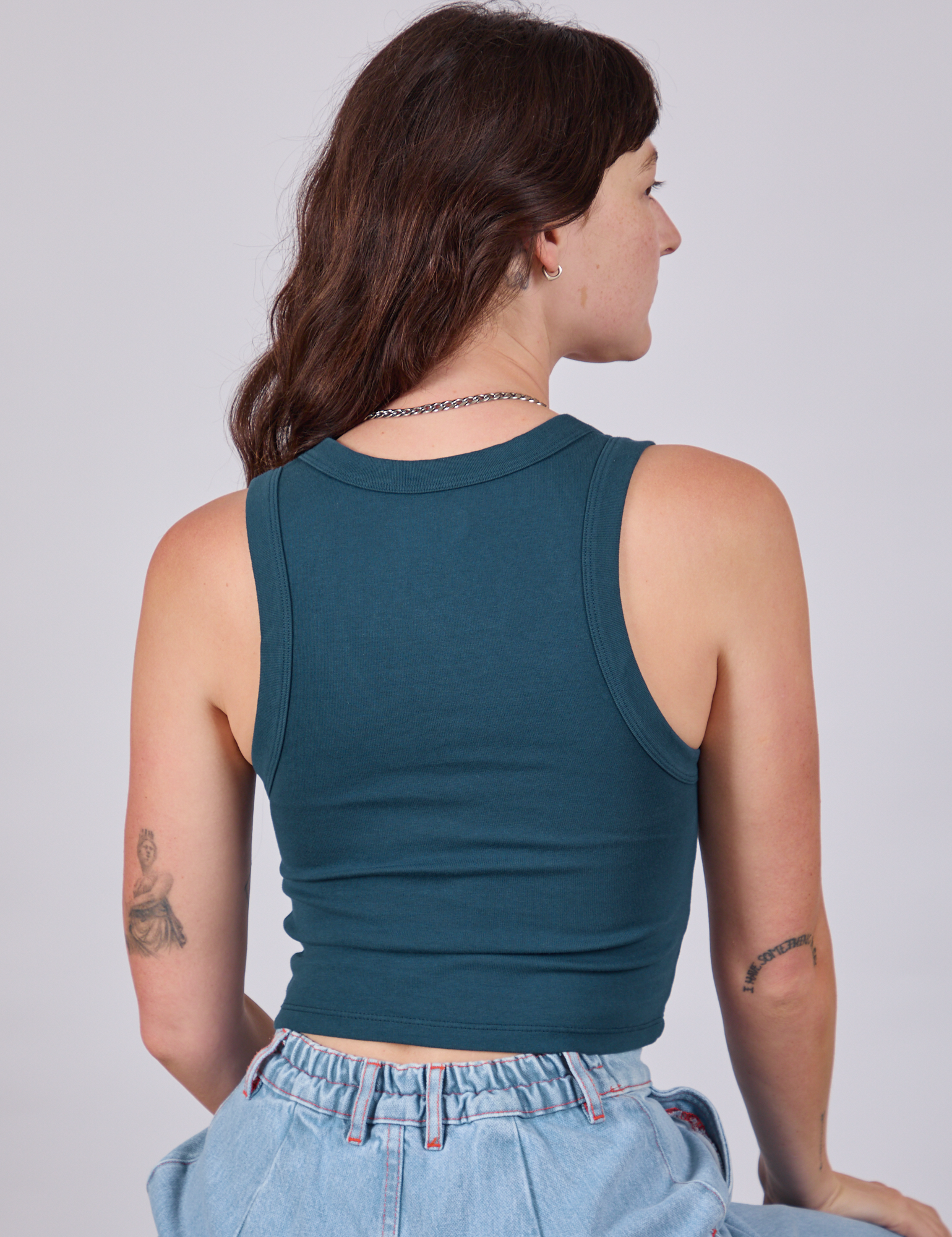 Cropped Tank Top in Lagoon back view on Alex