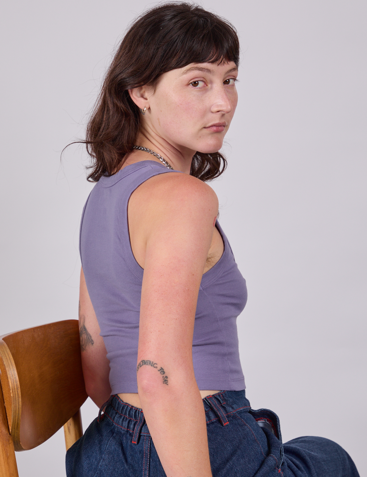 Cropped Tank Top in Faded Grape side view on Alex