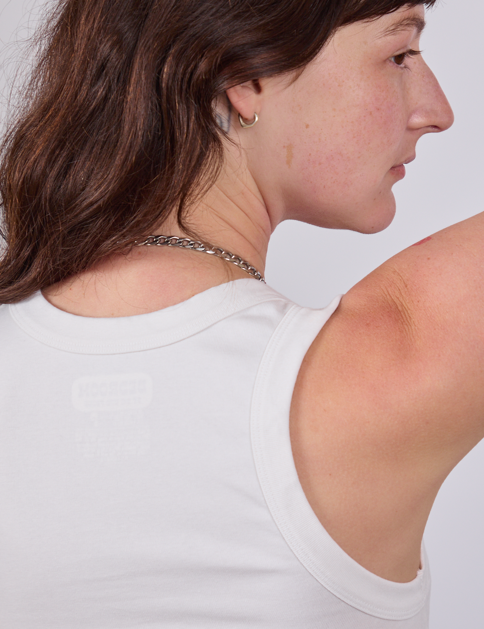 Cropped Tank Top in Vintage Tee White back shoulder close up on Alex
