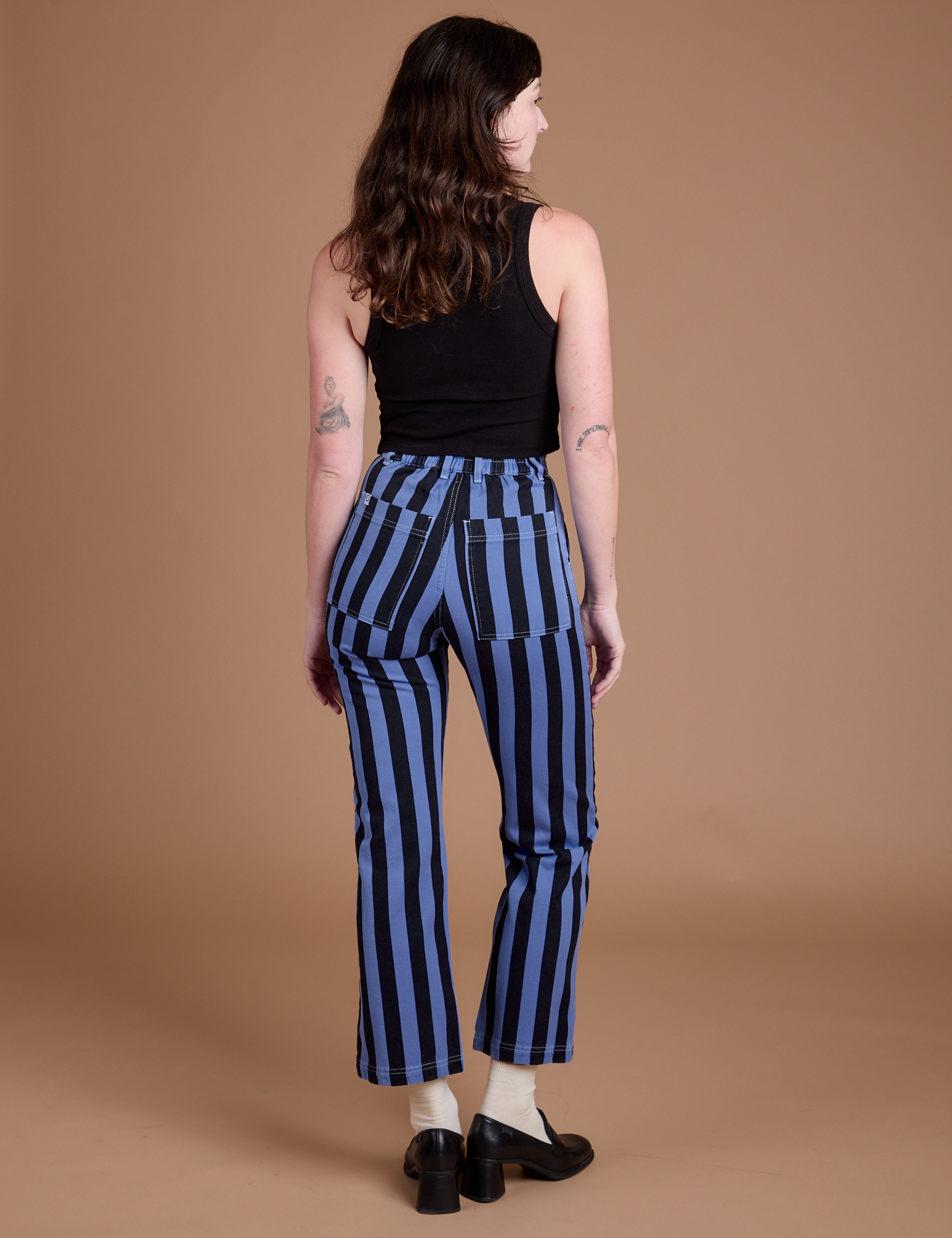 Black Stripe Work Pants in Cornflower Blue back view on Alex