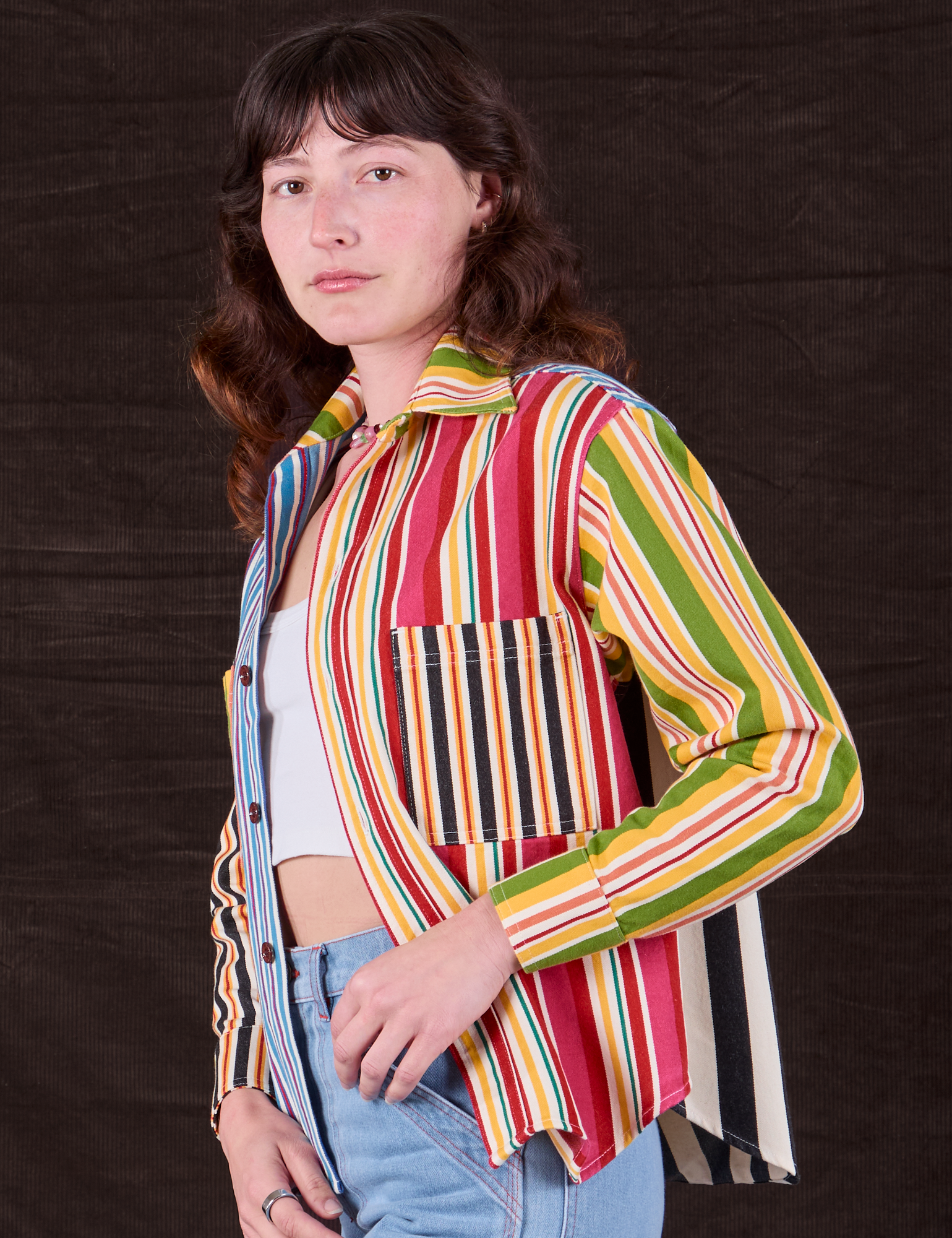 Cropped Overshirt in Mixed Stripe side view on Alex