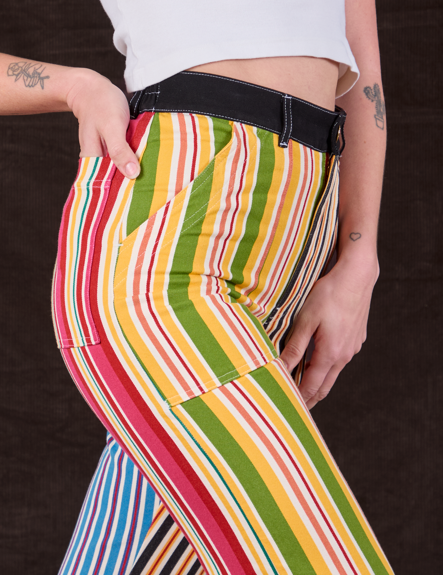 Mixed Stripe Work Pants side close up on Alex