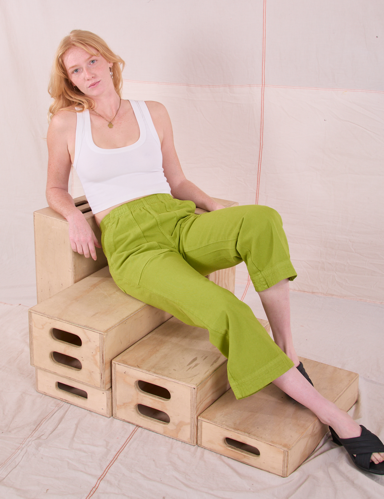 Action Pants in Gross Green and Cropped Tank in vintage tee off-white on Margaret