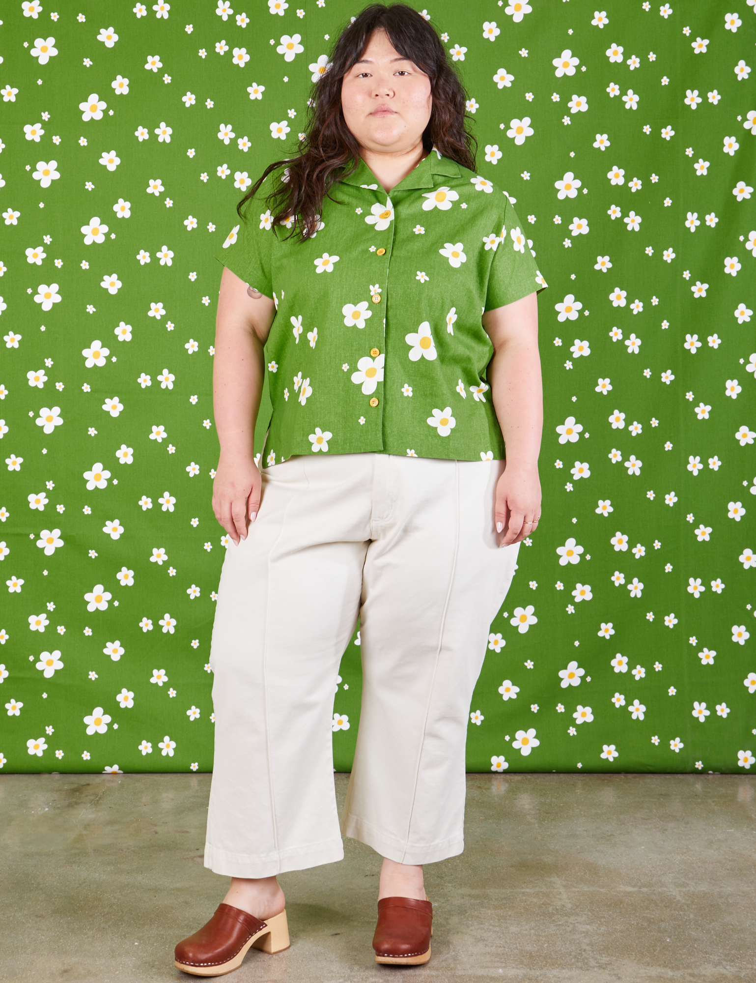 Ashley is wearing Pantry Button-Up in Bob Baker Flower and vintage tee off-white Western Pants