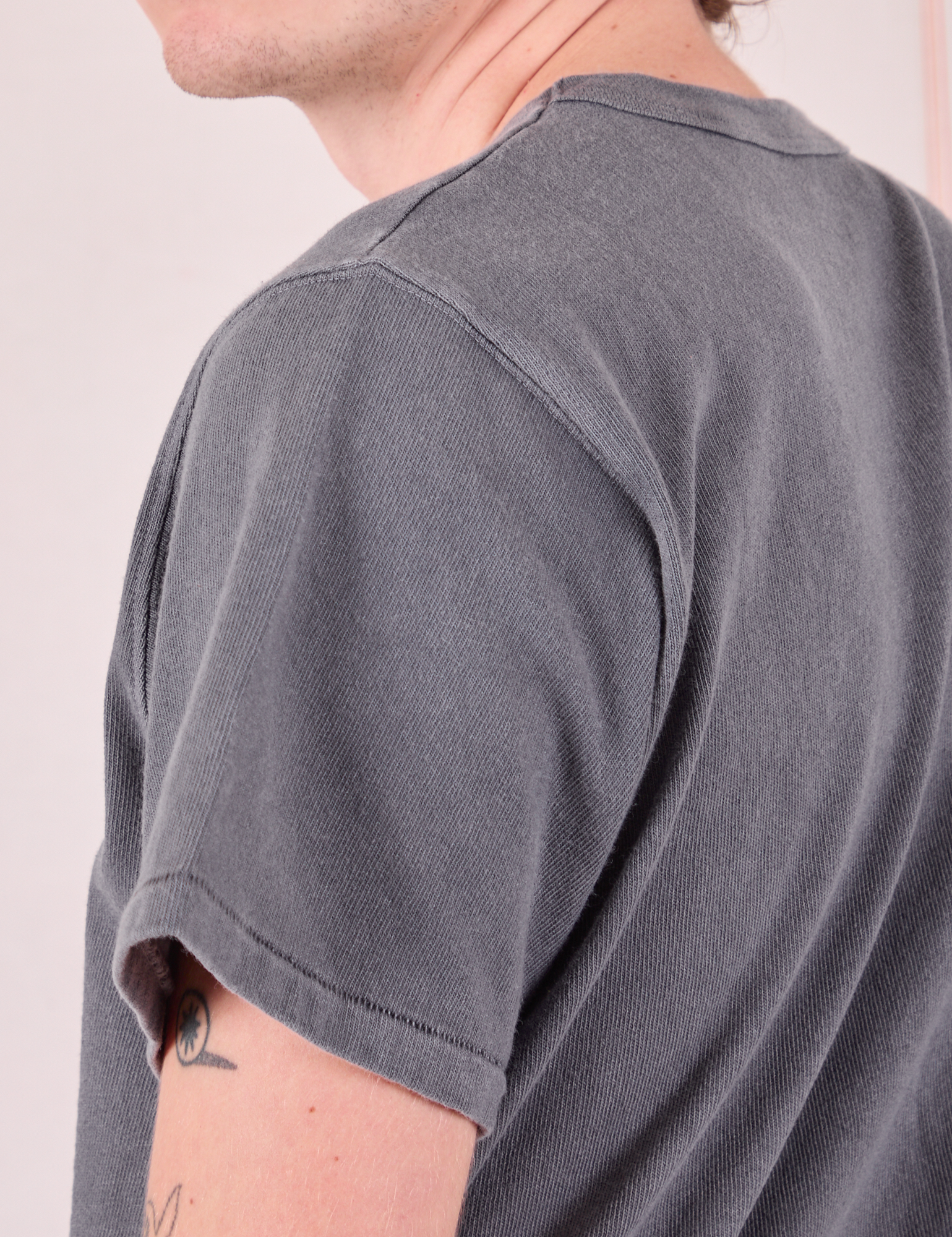 Burly Tee in Washed Grey shoulder close up on Quinn