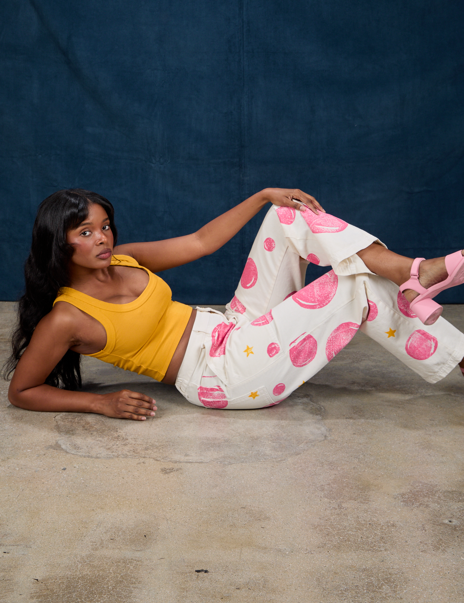 Paintstamped Work Pants in Bubblegum and Cropped Tank in Mustard Yellow on Kandia