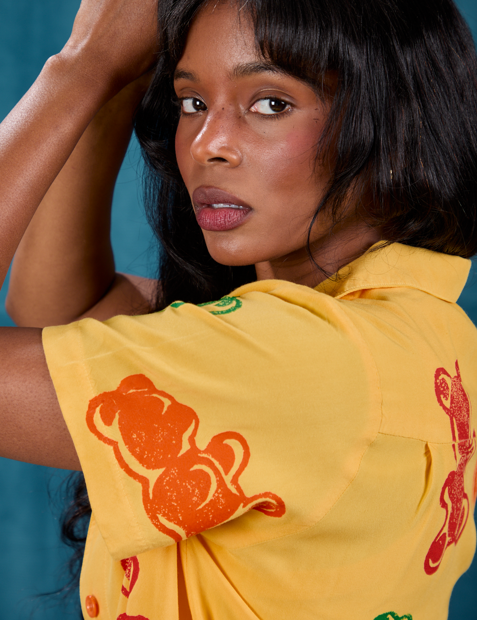 Gummy Bear Pantry Button-Up shoulder close up on Kandia