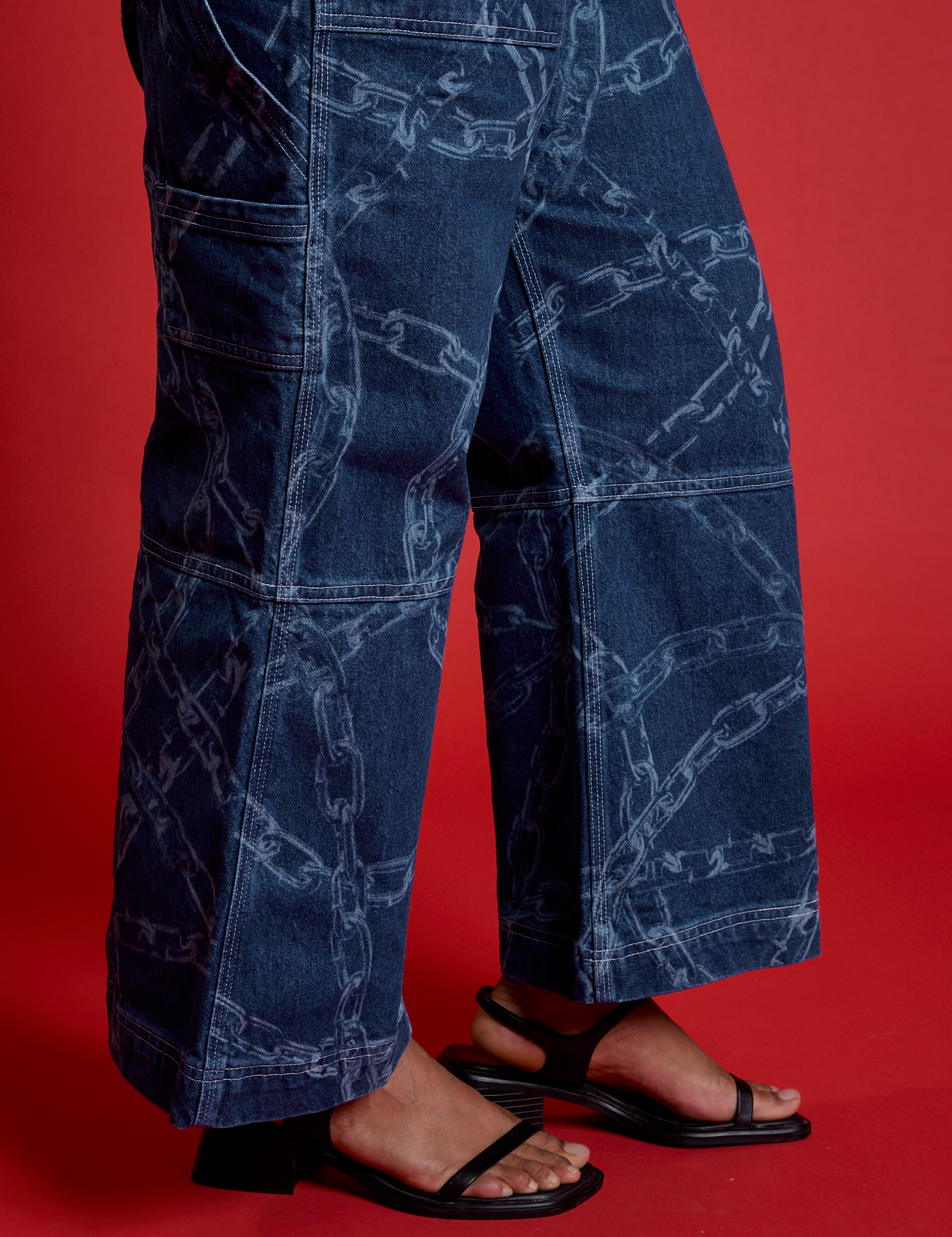 Side pant leg close up of Carpenter Overalls in Chain Link on Meghna