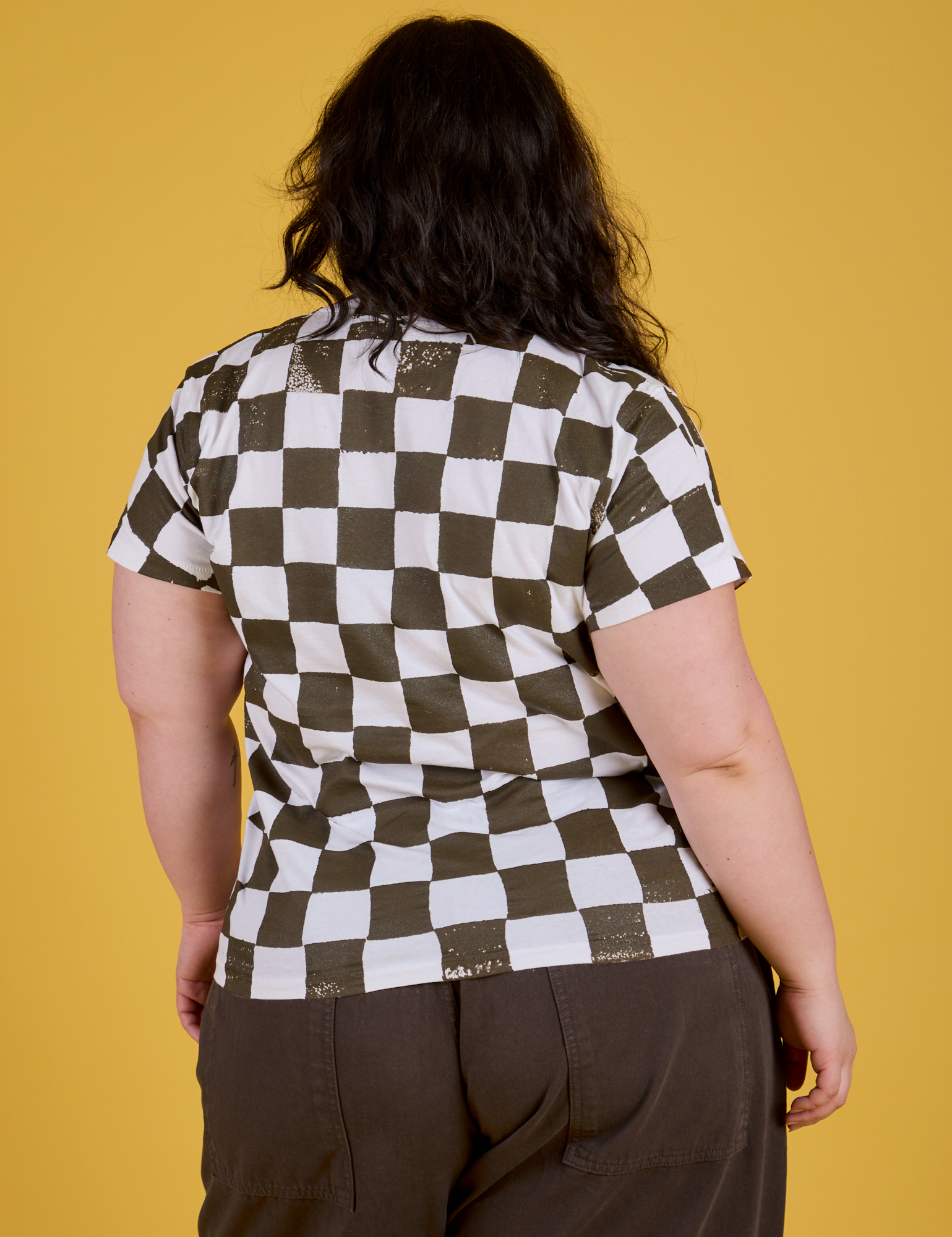 Checker Organic Tee in Espresso Brown back view on Ashley