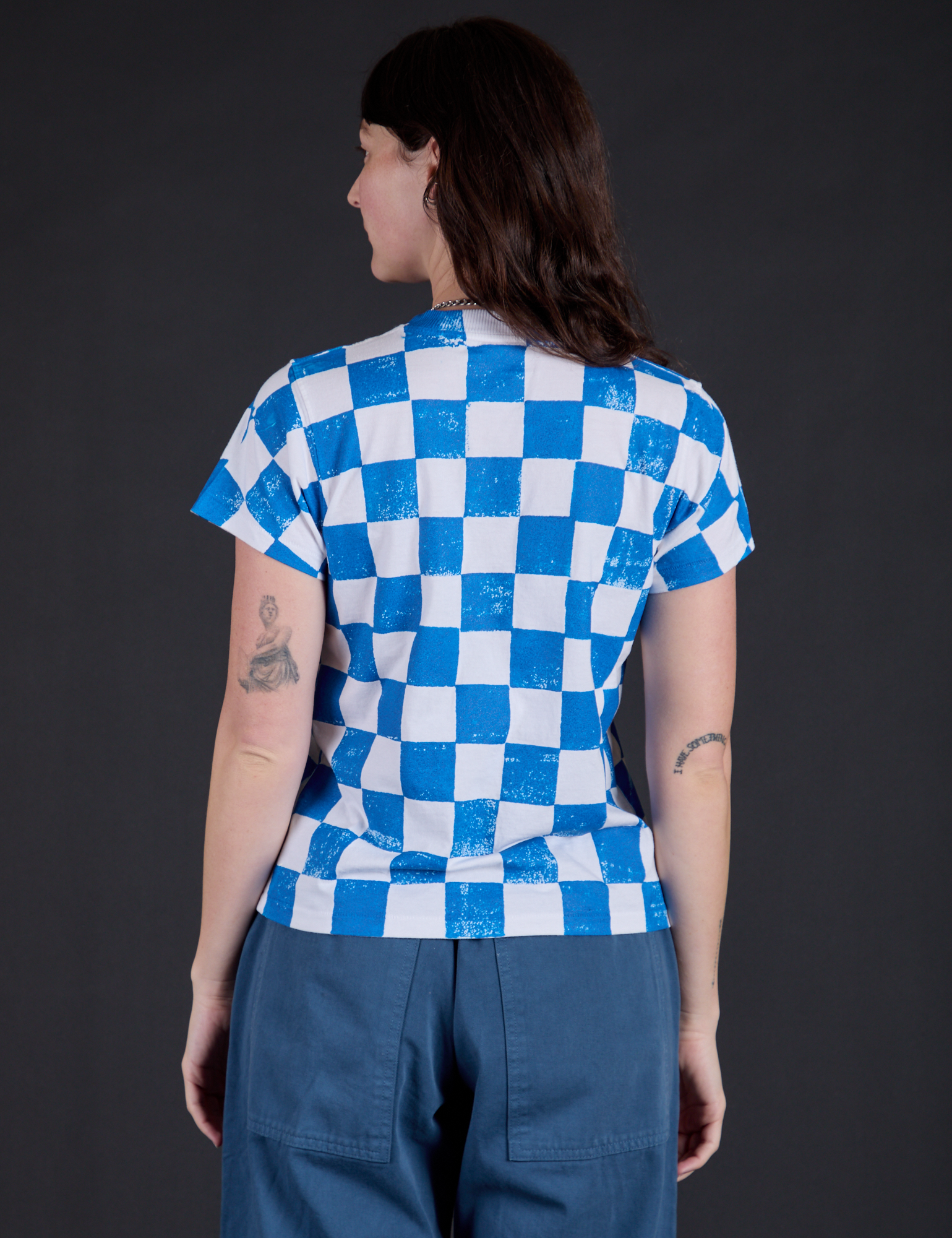 Checker Organic Tee in Blue back view on Alex