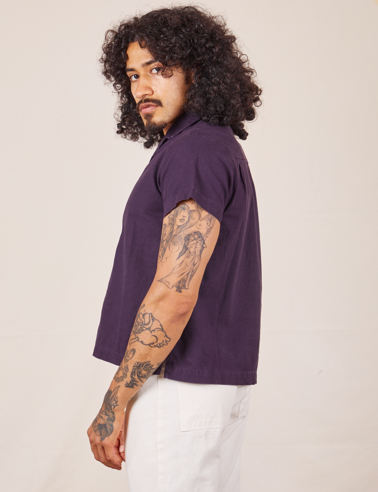 Side view of Pantry Button-Up in Nebula Purple worn by Jesse