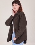 Angled front view of Corduroy Overshirt in Espresso Brown on Alex