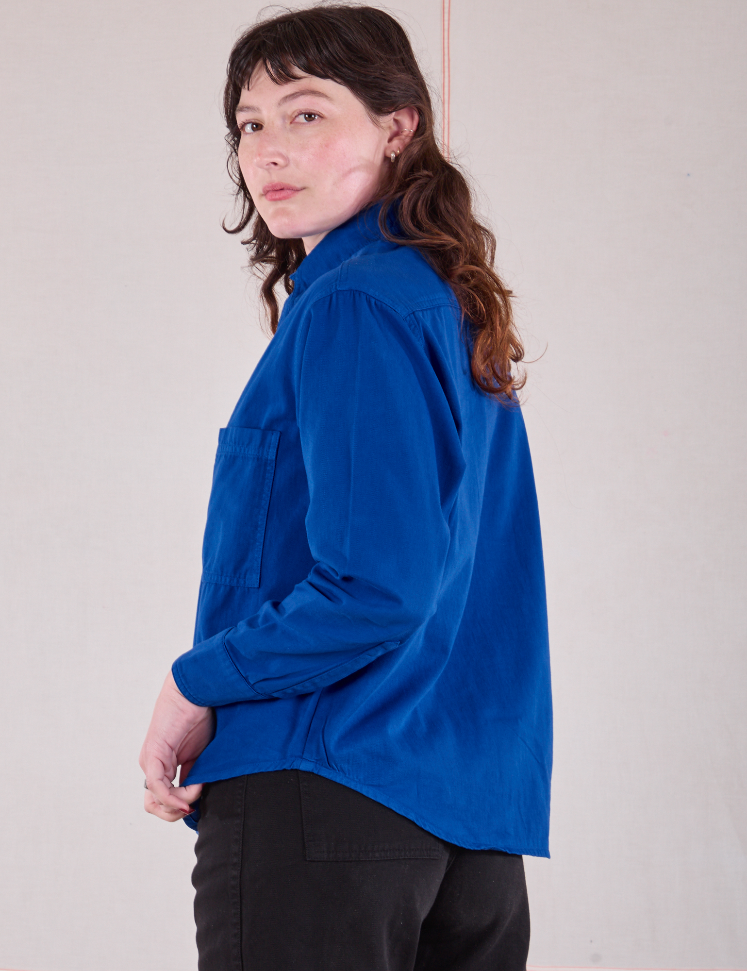 Cropped Overshirt in Royal Blue side view on Alex