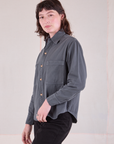 Cropped Overshirt in Slate Grey side view on Alex