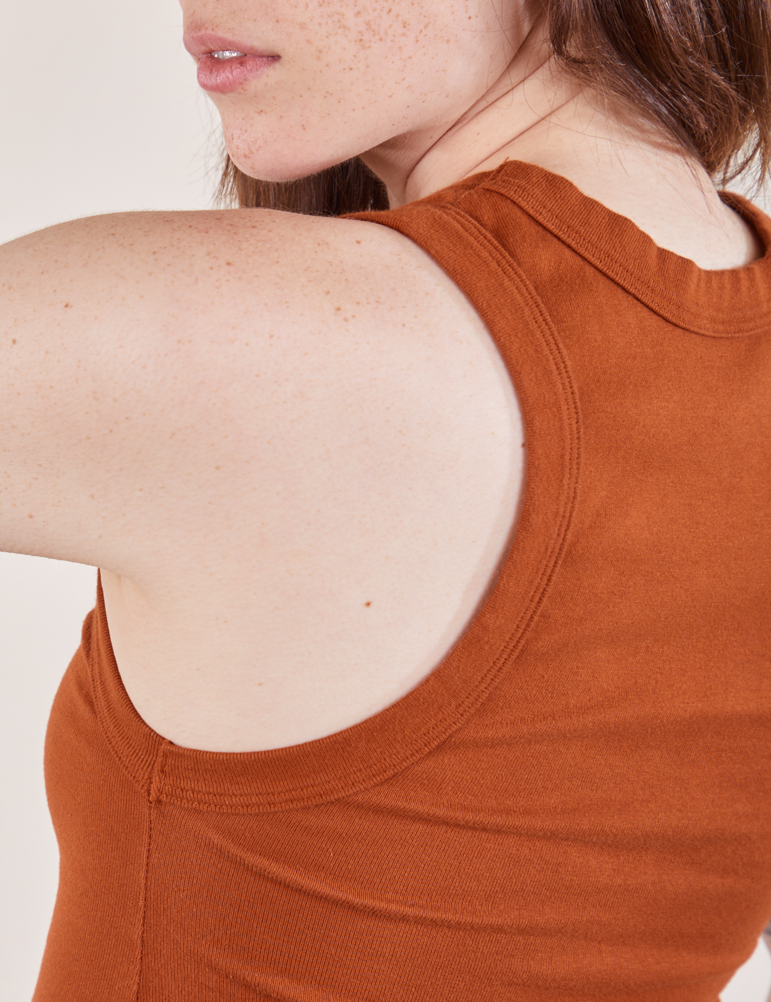 Cropped Tank Top in Burnt Terracotta back shoulder close up