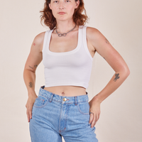 Alex is 5'8" and wearing P Cropped Tank Top in Vintage Off-White