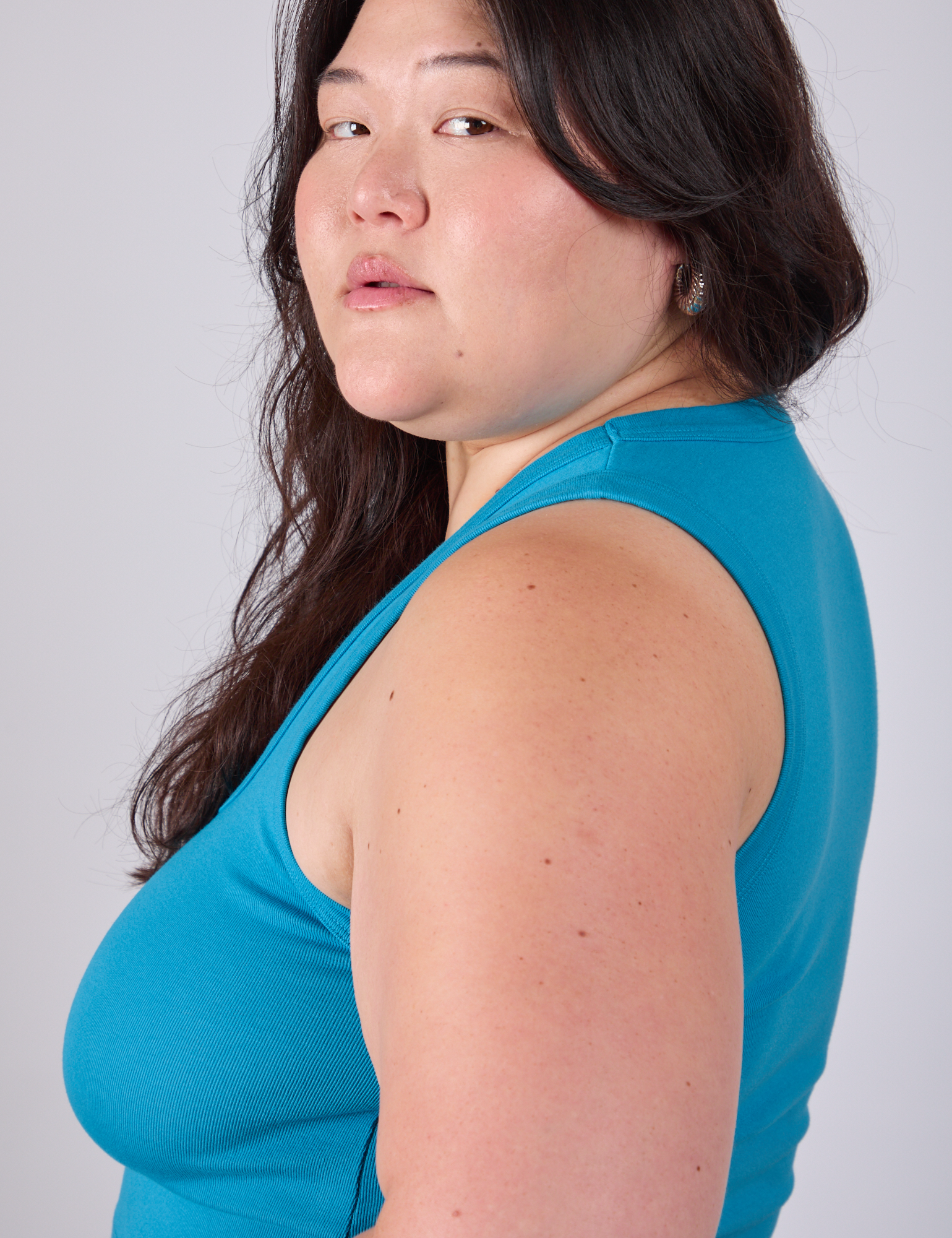 Cropped Tank Top in Hawaiian Blue side close up on Ashley