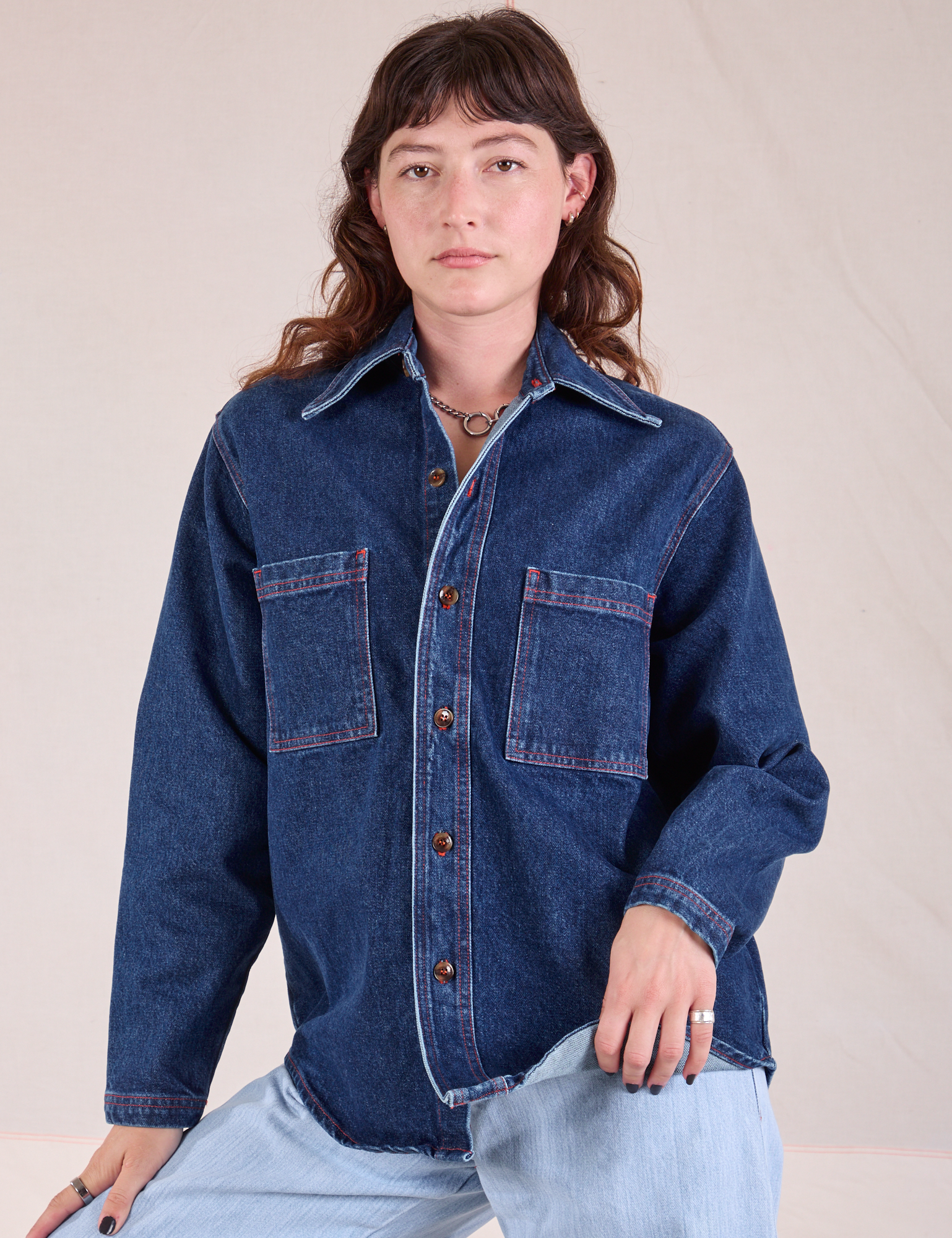 Alex is wearing Denim Overshirt in Dark Wash