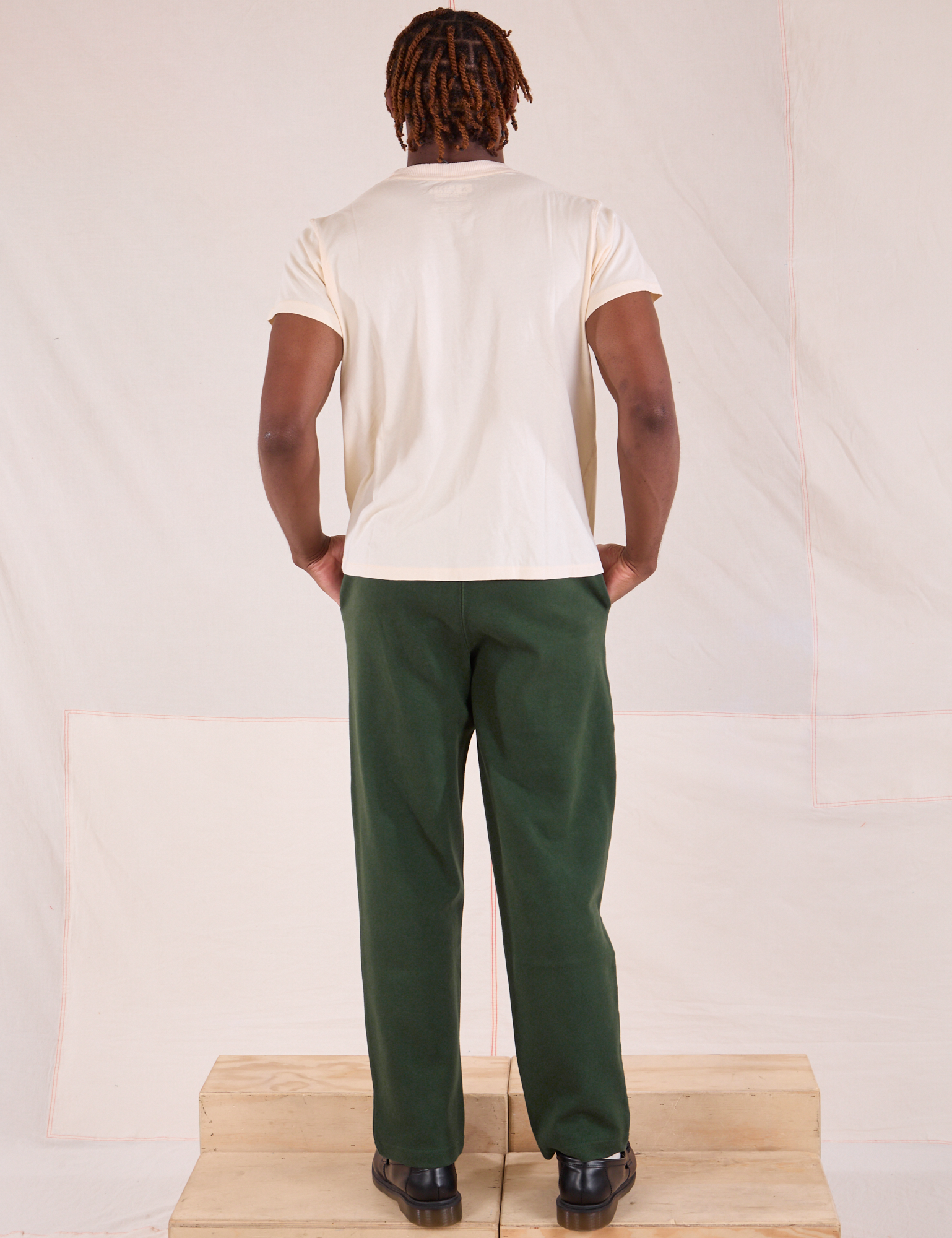 Back view of Easy Pants in Swamp Green and Organic Vintage Tee in Vintage Tee Off-White