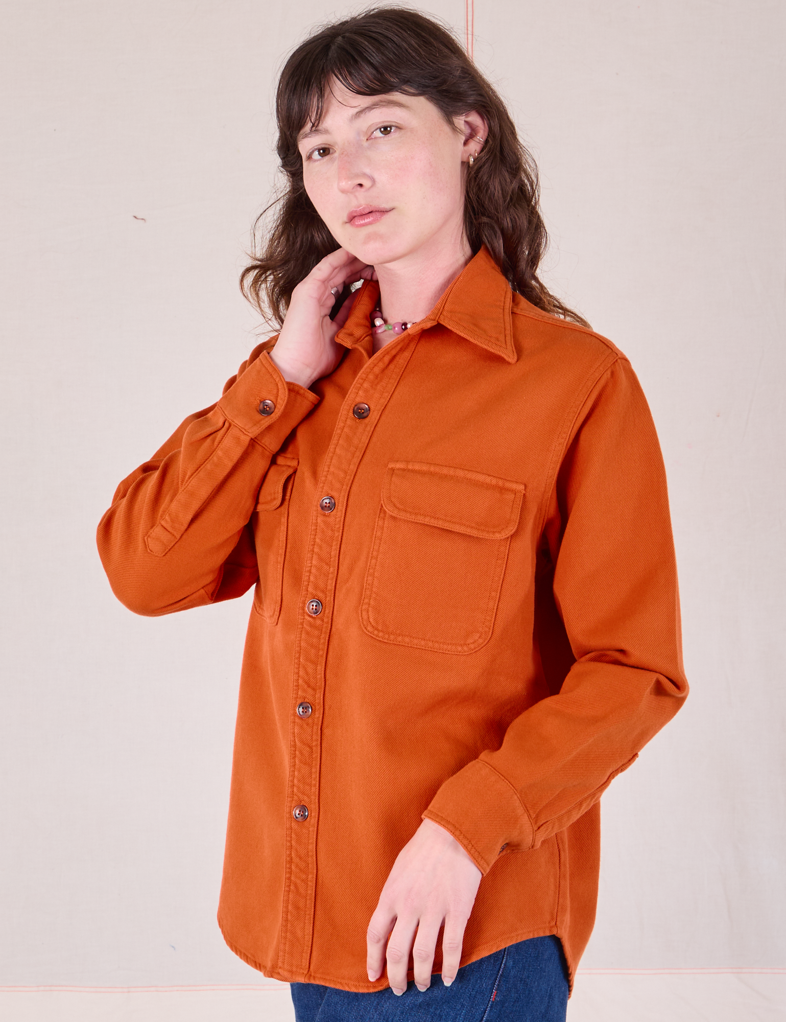 Flannel Overshirt in Burnt Orange angled front view on Alex