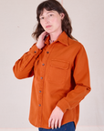 Flannel Overshirt in Burnt Orange angled front view on Alex