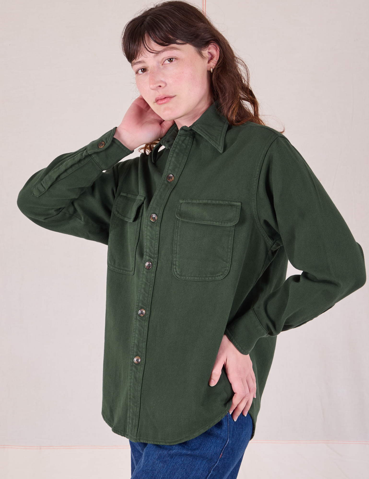 Flannel Overshirt in Swamp Green angled front view on Alex