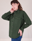 Flannel Overshirt in Swamp Green angled front view on Alex