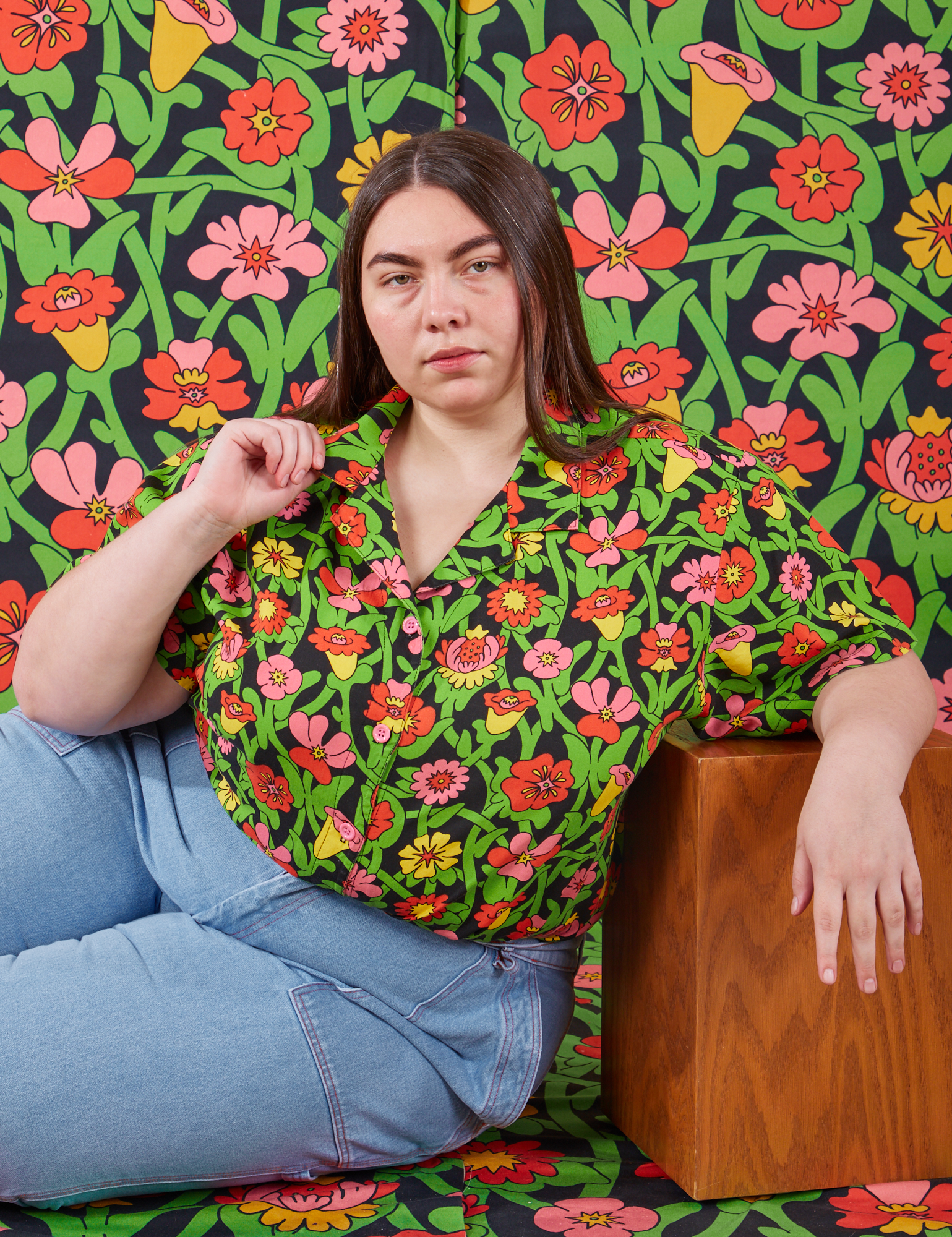 Marielena is wearing Flower Tangle Pantry Button-Up