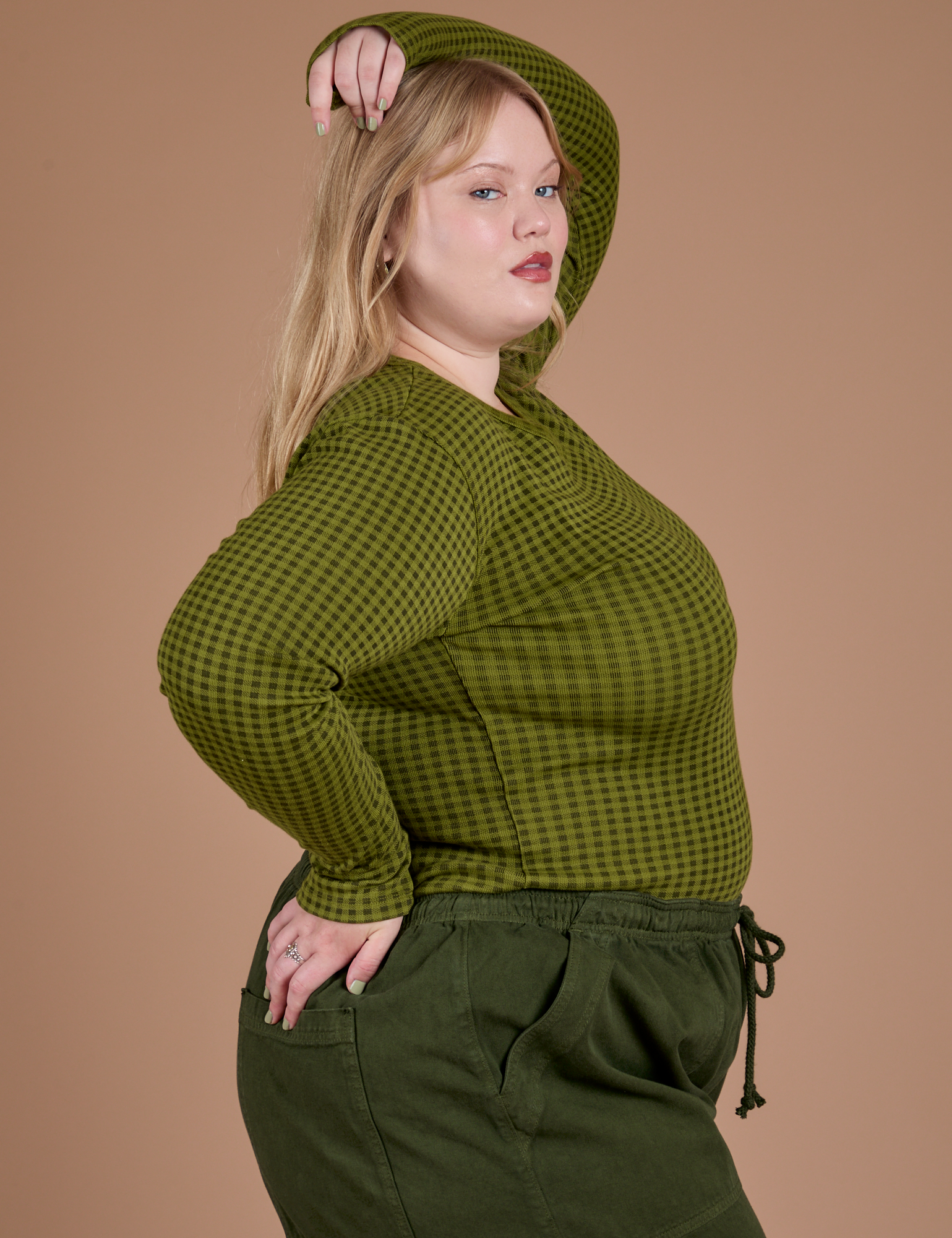 Gingham Long Sleeve Baby Tee in Summer Olive side view on Juliet